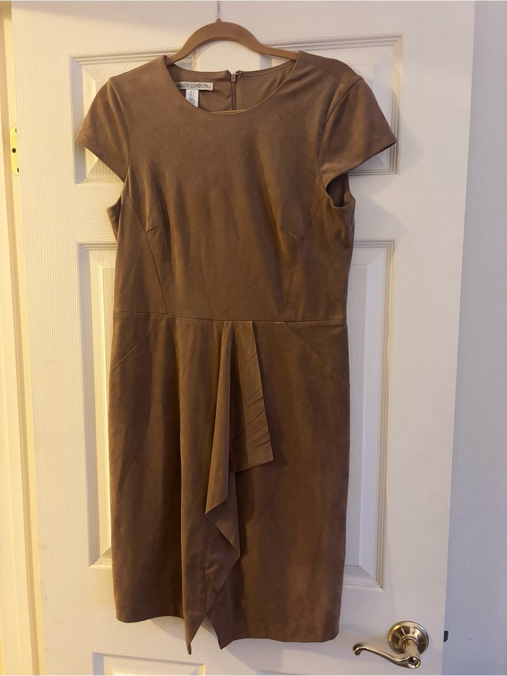 Maggy London Taupe Micro Suede  Draped Sheath Dress, Size 10, Like New Condition